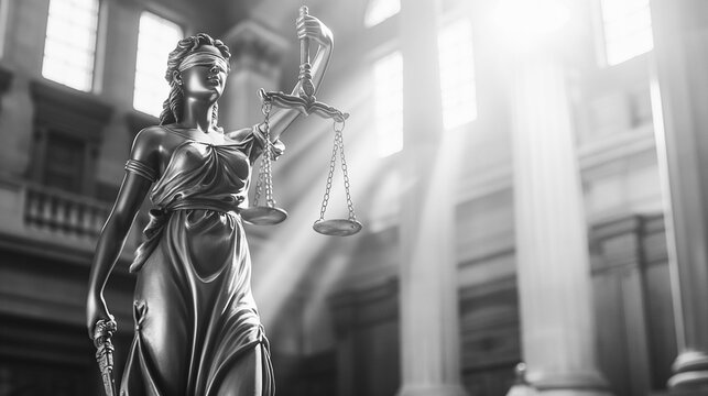 Statue of Lady Justice in the rays of the sun against the backdrop of a courtroom with copy space. black and white photo