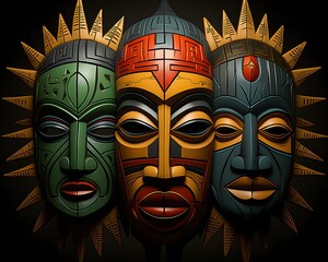 Craft an illustration of traditional Third World masks with powerful expressions - obrazy, fototapety, plakaty