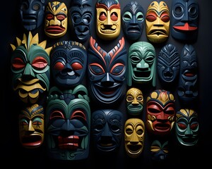 Craft an illustration of traditional Third World masks with powerful expressions