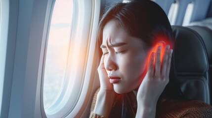 earache on the plane. Beautiful young blonde Asian woman feels ear pain while full on an airplane, suffers from depressurization