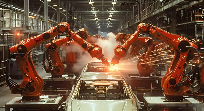 Multiple robotic arms engaged in assembly and welding processes on a car production line in a modern automotive factory.