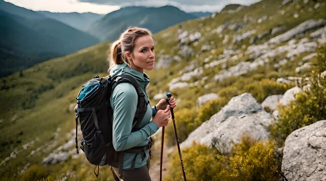 Bergwanderer mit Trekkingst&ouml;cken auf steinigem Wanderweg