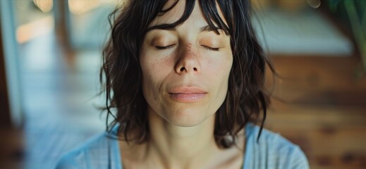 Fototapeta premium The woman closes her eyes again and takes a few deep breaths. She focuses on the feeling of the air entering and leaving her lungs. She feels her mind clearing and her body relaxing.