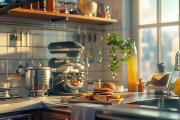 Pancakes with fruits on wooden cutting board for breakfast in kitchen with morning sunlight. Delicious homemade dessert.