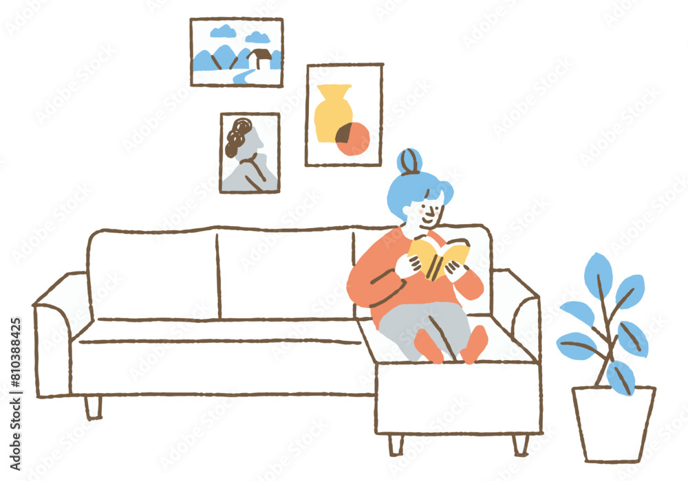 Wall mural Woman reading a book on the living room sofa_Color