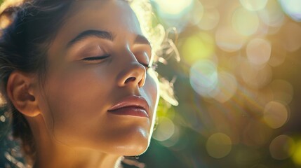 The woman closes her eyes again and takes a few deep breaths. She focuses on the feeling of the air entering and leaving her lungs. She feels her mind clearing and her body relaxing.