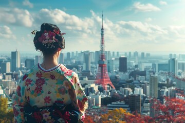 A Japanese woman dressed in a traditional kimono stands overlooking Tokyo tower, Japan. The woman...