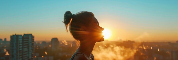The woman opens her eyes and looks out at the view. The sun is now fully risen and the sky is a clear blue. The city below is just beginning to wake up. 