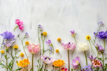 spring flowers on a painted white background, with space for text. View from above