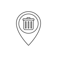 Maps pin with trashcan. Trash marker, littering zone icon line style isolated on white background. Vector illustration