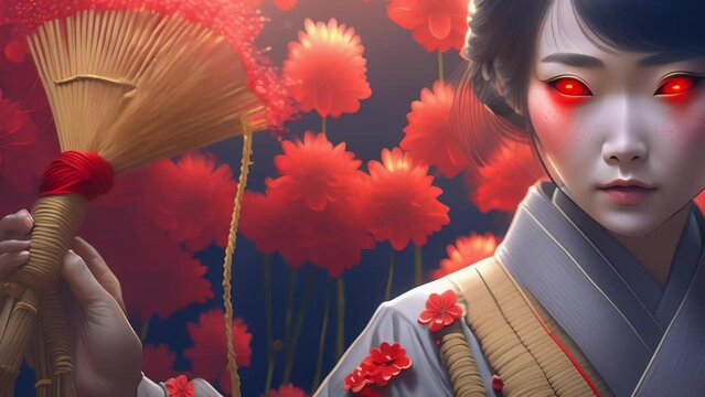 A young woman with striking red eyes and face paint holds a broom adorned with red string. A spiky ball dangles ominously, while red poppies bloom in the background. 
