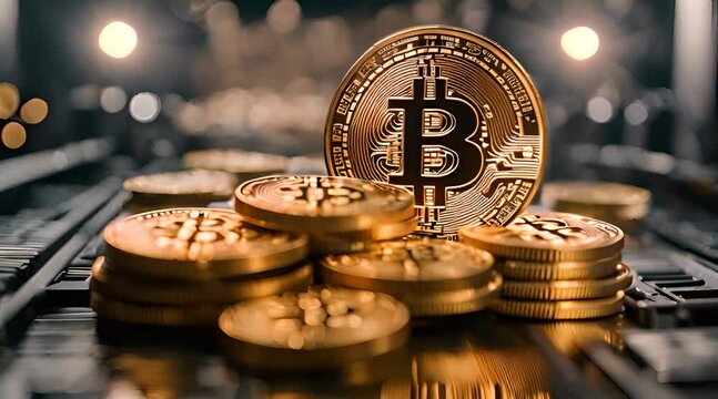 Bitcoin-Mining, Hand grift nach Bitcoin, Bitcoin im Stein