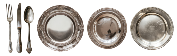 テーブル素材、銀製の食器、背景透過
