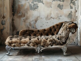 Vintage sofa with fur in room with old wall