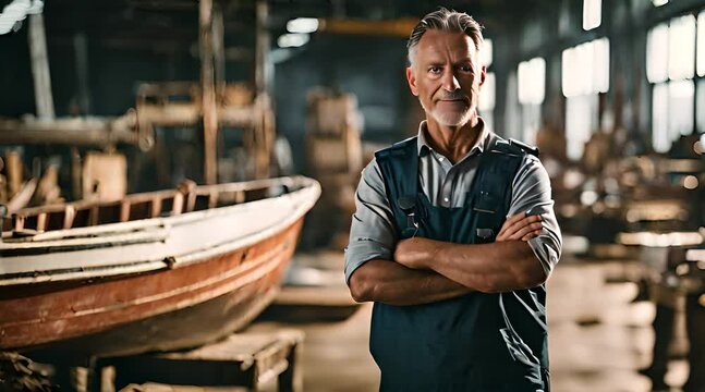 Bootsbauer am Arbeitsplatz schaut in die Kamera, im Hintergrund Boote