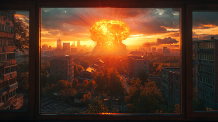 A nuclear explosion over cityscape, seen through an opened window inside a house