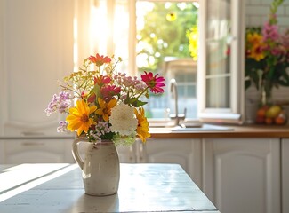 White kitchen interior with a white table and colorful flowers in a vase on the background of an old wooden door