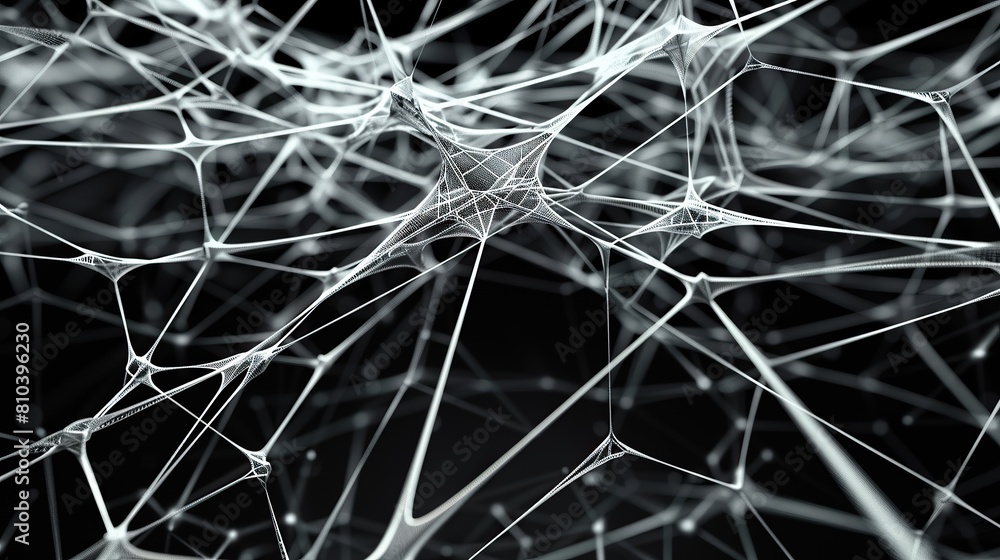 Poster an abstract and artistic plexus of white and silver connections sprawling across a black backdrop de
