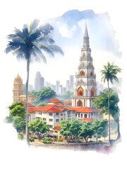 Naklejka premium Sri Lanka Country Landscape Watercolor Illustration Art