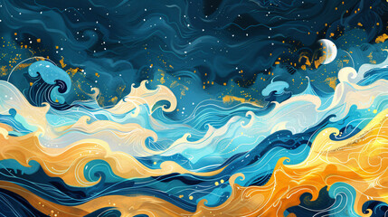 Magical ocean waves art painting. Unique blue and gold wavy swirls of magic water. Fairytale navy...