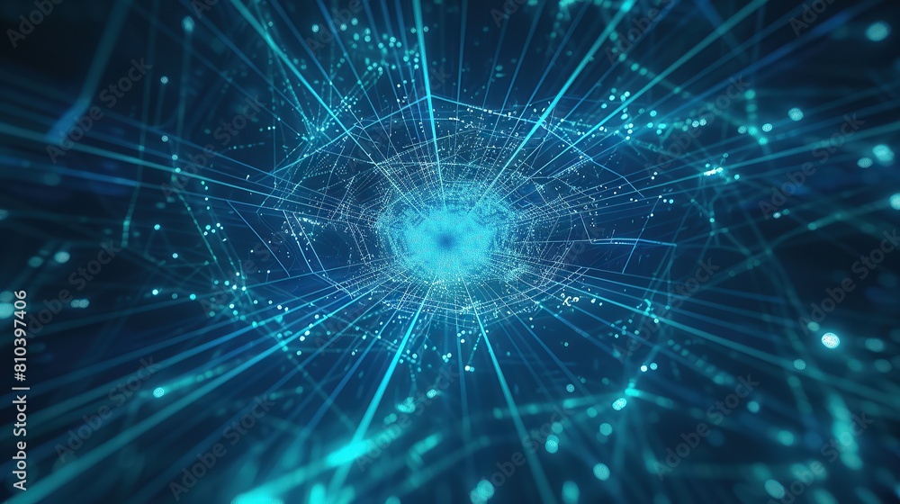 Fototapete an abstract and modern plexus of glowing cyan lines on a midnight blue canvas resembling underwater 