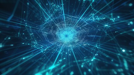 An abstract and modern plexus of glowing cyan lines on a midnight blue canvas resembling underwater light reflections with a centralized area designed for text