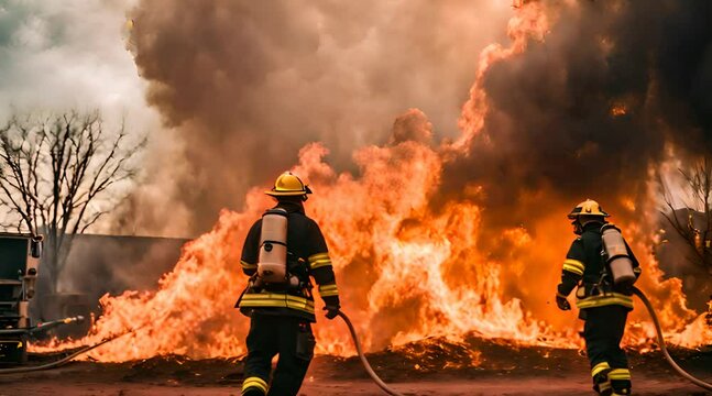 Einsatzkr&auml;fte der Feuerwehr versuchen einen Gro&szlig;brand zu l&ouml;schen