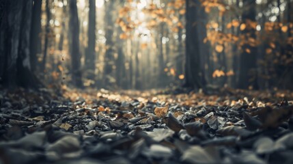 A serene autumn scene with a close-up of frosty leaves on the forest floor bathed in a golden sunrise light, capturing the essence of the season