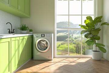 Modern laundry room interior with green cabinets, washing machine and dryer, wooden floor, window...