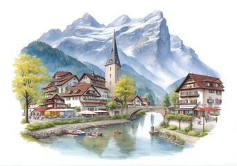 Fototapeta premium Switzerland Country Landscape Watercolor Illustration Art