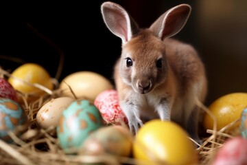 Curious rabbit among colorful easter eggs