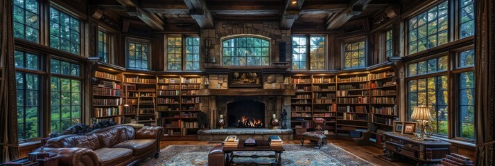 Luxurious Tudor-style library with rare manuscripts
