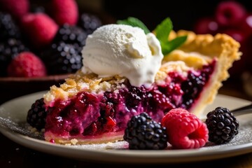 Delicious berry pie with ice cream