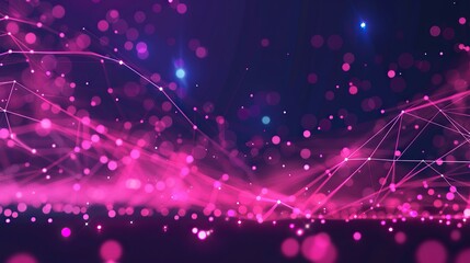 An abstract configuration of pink and purple glowing dots connected by laser-like lines across a dark violet background with a designated text area along the bottom edge