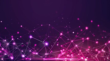 An abstract configuration of pink and purple glowing dots connected by laser-like lines across a dark violet background with a designated text area along the bottom edge