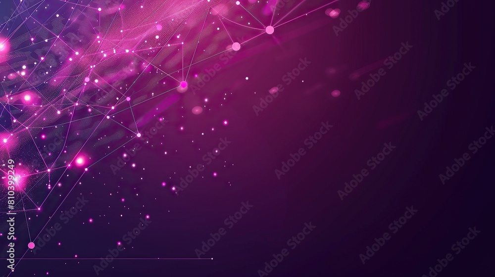 Poster an abstract configuration of pink and purple glowing dots connected by laser-like lines across a dar