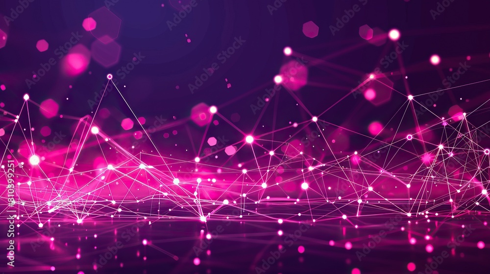 Poster an abstract configuration of pink and purple glowing dots connected by laser-like lines across a dar