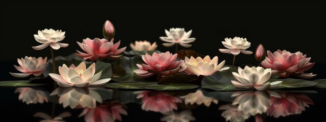 Water lilies, with pink and white petals floating on dark water, pink lotus leaves.