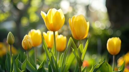 Obraz premium Morning Light Bathes Vibrant Yellow Tulips and Newly Sprouted Buds in a Serene Springtime Garden Scene