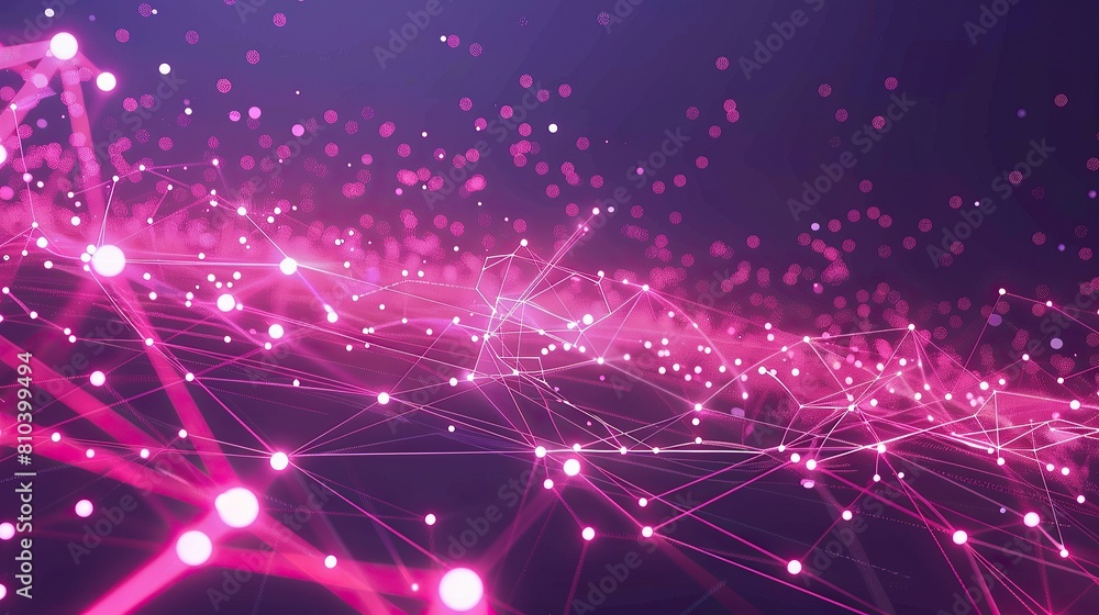 Poster an abstract configuration of pink and purple glowing dots connected by laser-like lines across a dar