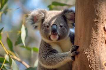 Curious koala peeking out from behind a tree trunk