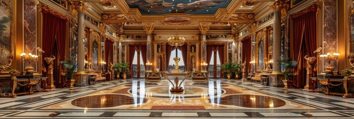 Regal Renaissance-themed ballroom with azure and golden hues