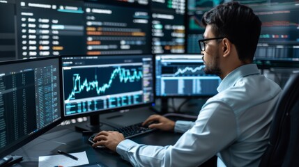 A professional young male financial analyst deeply focused while working on multiple computer screens displaying market trends and graphs in a modern office setting