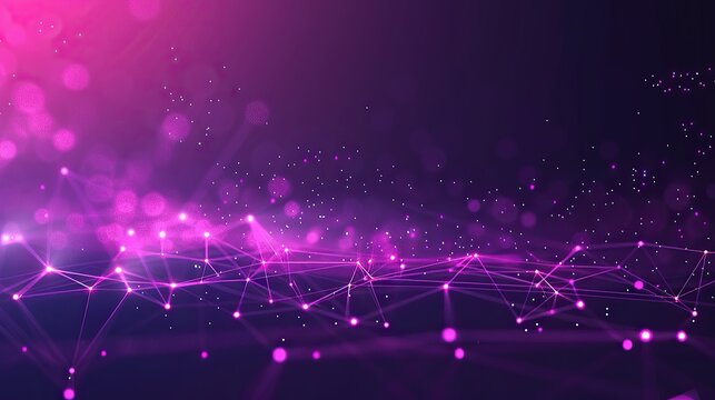 An abstract configuration of pink and purple glowing dots connected by laser-like lines across a dark violet background with a designated text area along the bottom edge