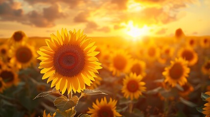 Obraz premium Vibrant sunflower field at sunset with golden sunlight illuminating the petals and creating a mesmerizing scenic view, perfect for backgrounds or nature themes