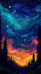 Vibrant night sky landscape with stars and aurora borealis