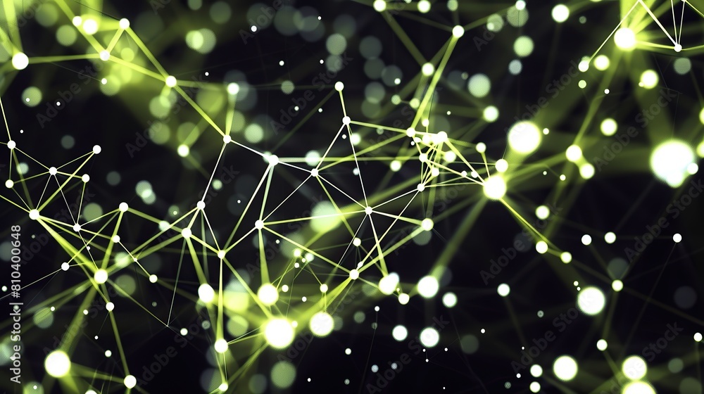 Poster an abstract depiction of neon yellow dots linked by white glowing lines over a deep black canvas for