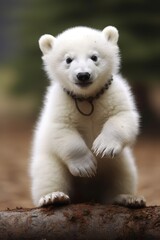 Obraz premium Adorable white polar bear cub sitting on log
