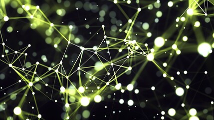 An abstract depiction of neon yellow dots linked by white glowing lines over a deep black canvas forming an expansive plexus pattern with a clear area for adding text