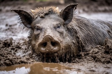 Muddy wild boar in natural habitat
